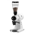 Mahlkoenig EK43 S white coffee grinder machine with clear bean hopper filled with coffee beans