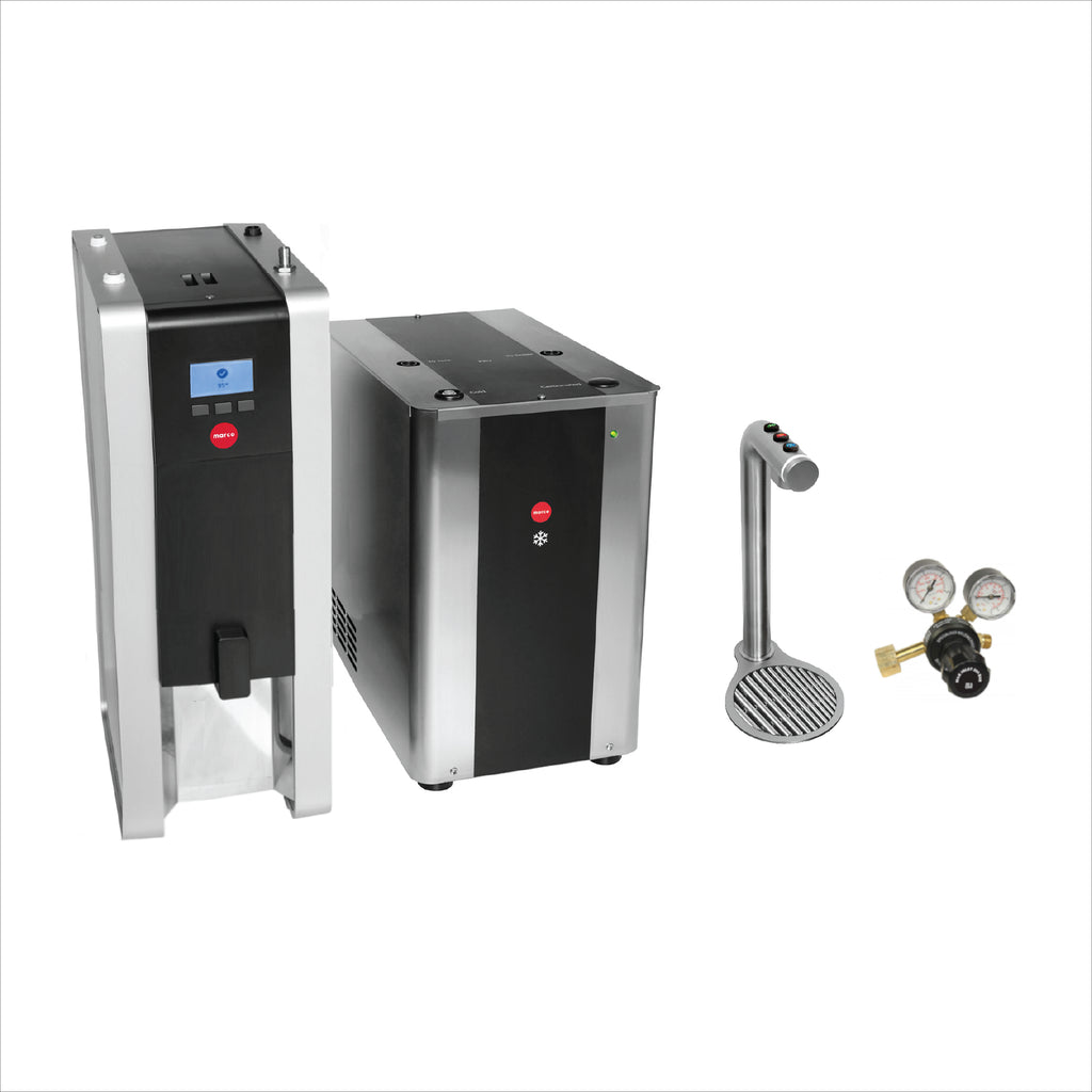 Marco FRIIA HCS Plus under counter boiler with dispenser, control unit, and pressure gauges