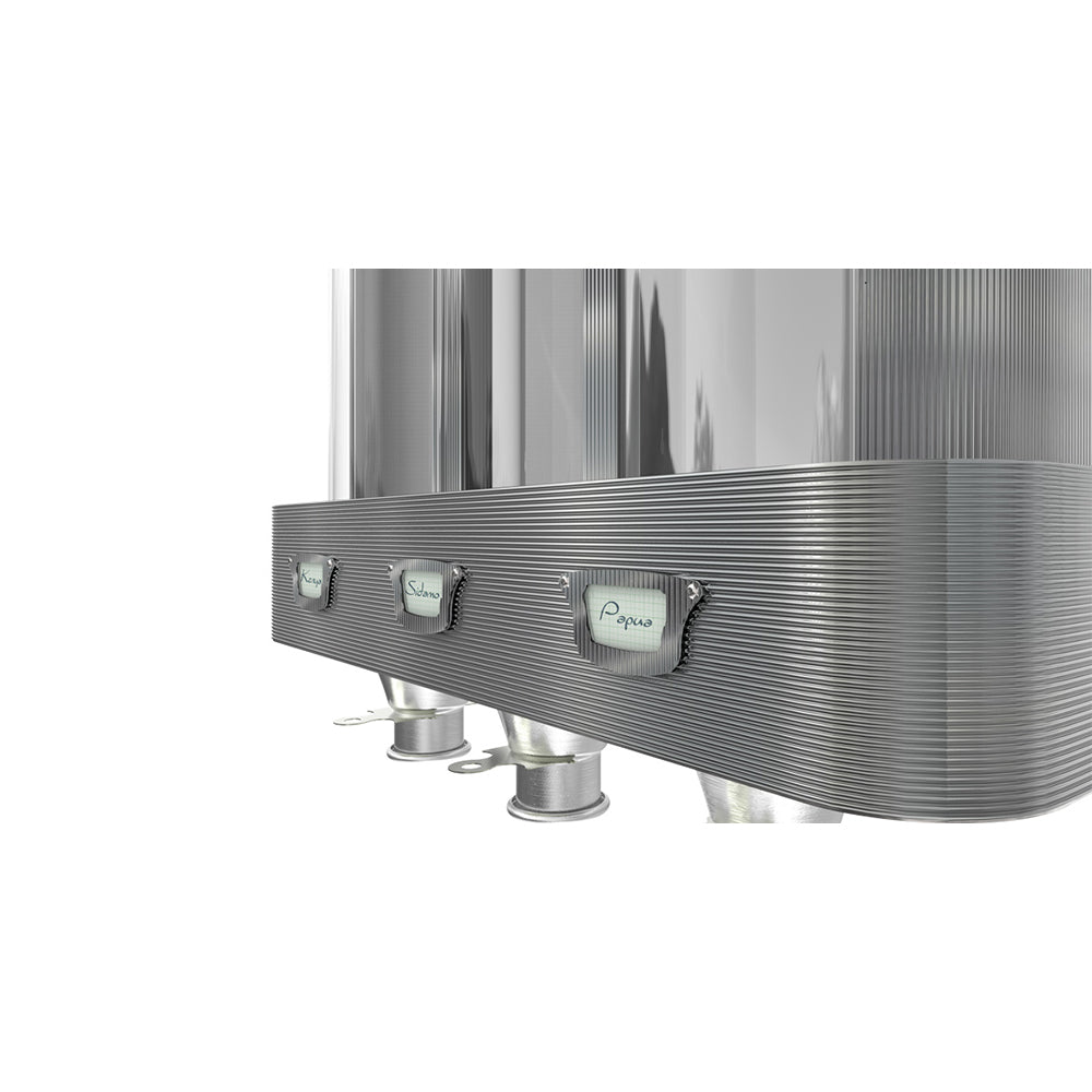 Coffee-Tech Engineering stainless steel triple coffee dispenser with labeled compartments for roastery use