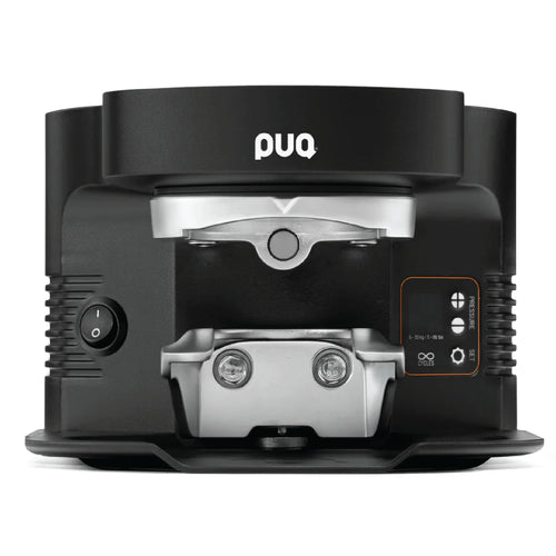 Front view of PUQ Press M3 GEN 5 automatic tamper with black and silver design and control buttons