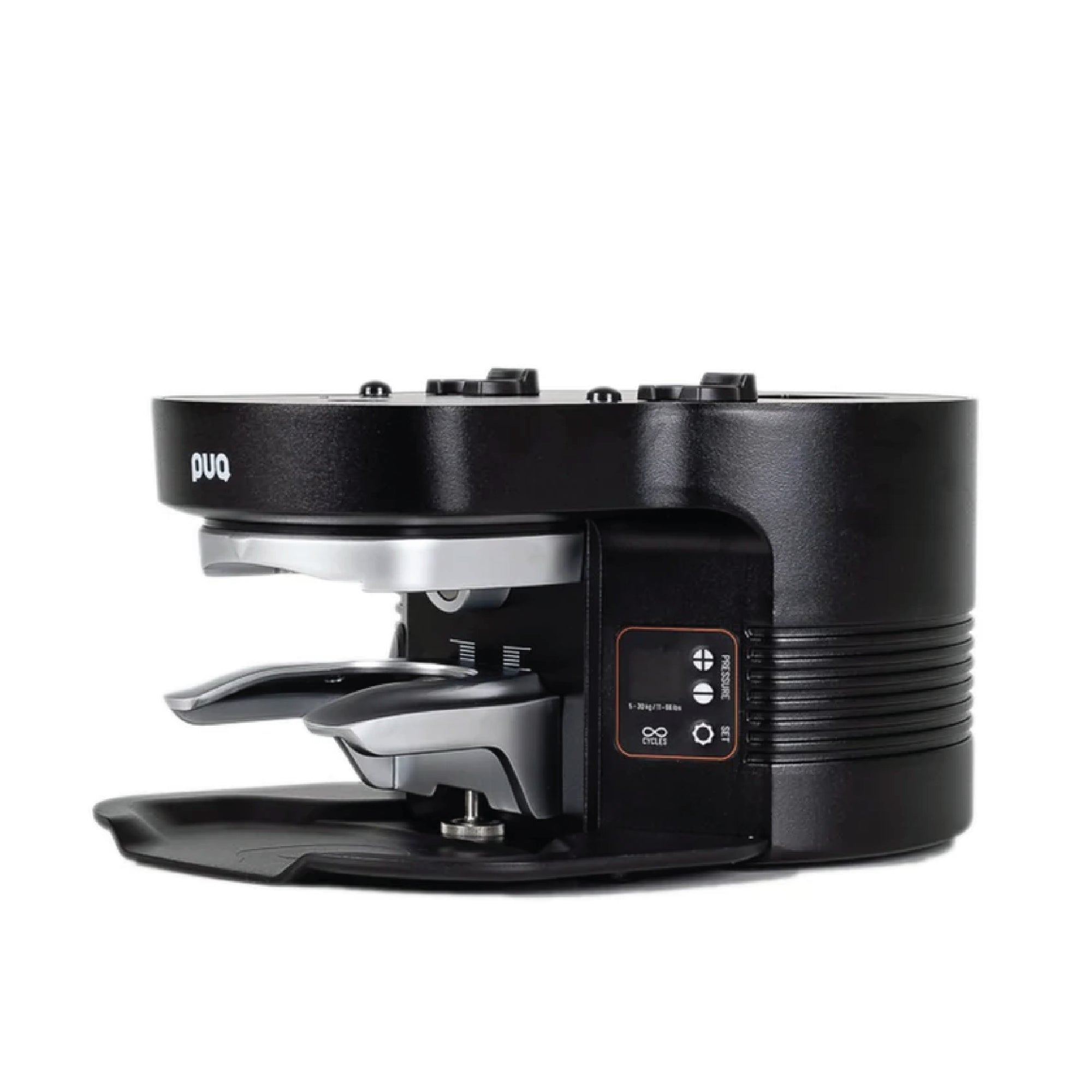 PUQ Press M3 GEN 5 automatic tamper in black with silver tamping plate and control buttons