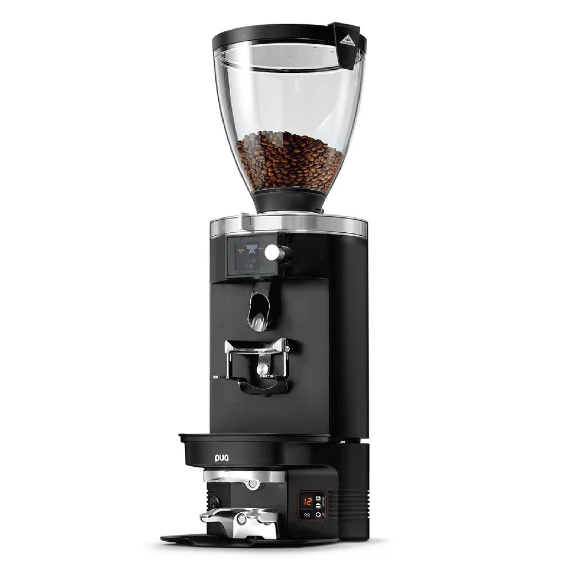 PUQ Press M5 GEN 5 automatic tamper in black with clear bean hopper for espresso coffee preparation