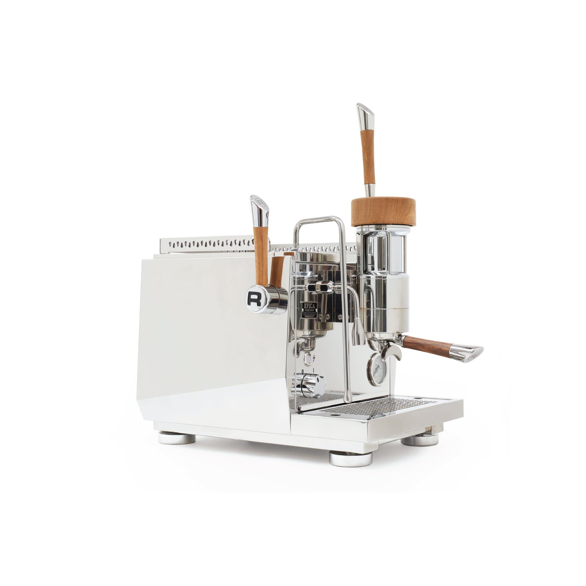 Rocket Epica Precision espresso machine by Rocket Espresso Milano with polished metal and wooden handles
