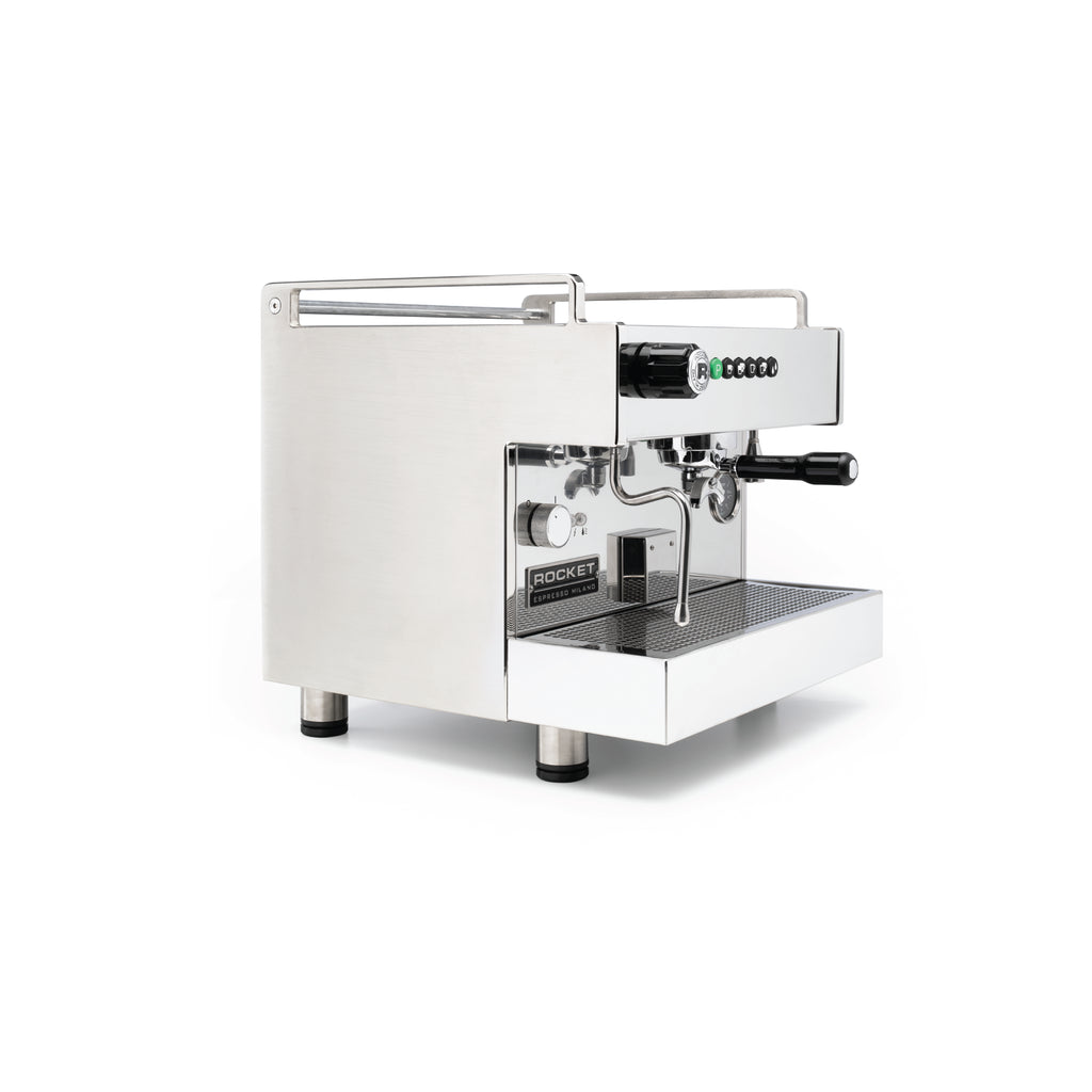 Rocket Espresso Boxer Tank stainless steel espresso machine with dual group heads and modern design