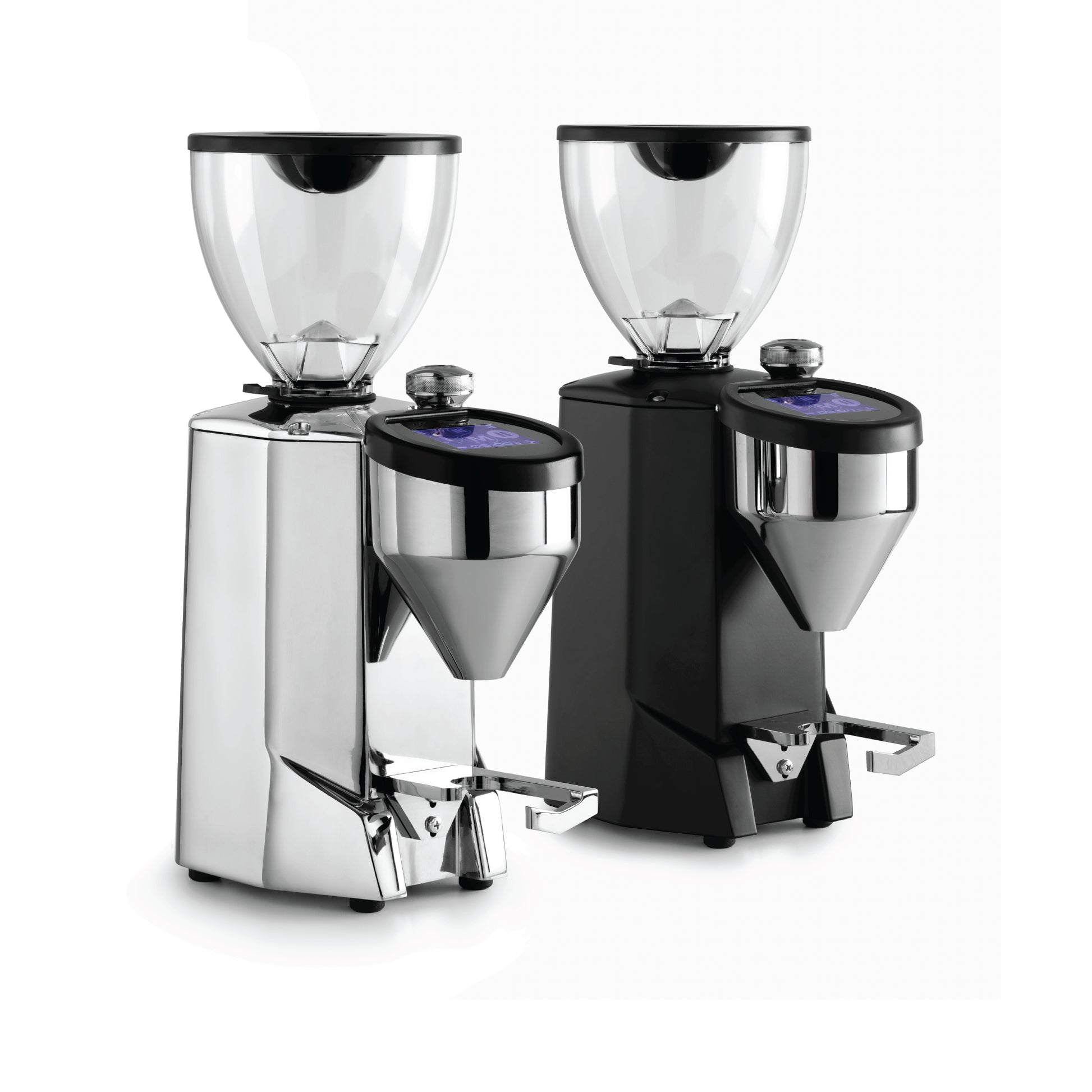 Rocket Espresso Fausto coffee grinders in black and silver with digital displays and bean hoppers