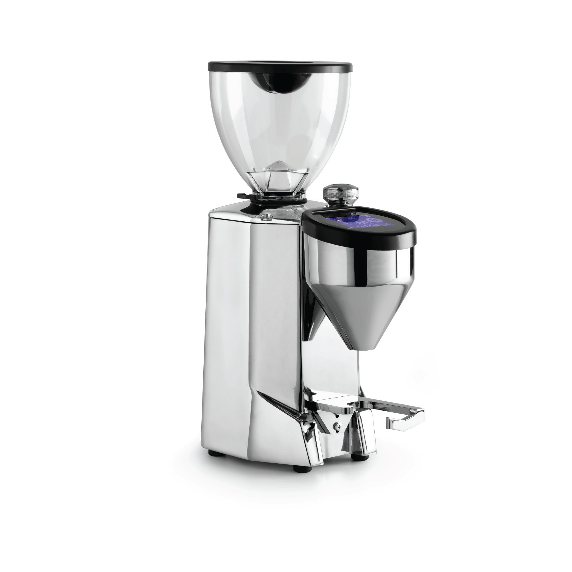Rocket Espresso Fausto coffee grinder in stainless steel with clear bean hopper and digital display