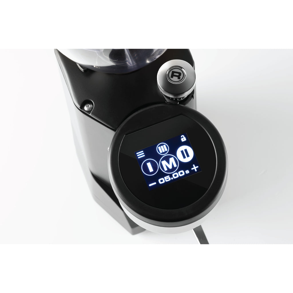 Closeup of Rocket Espresso Fausto coffee grinder digital control panel with timer and buttons