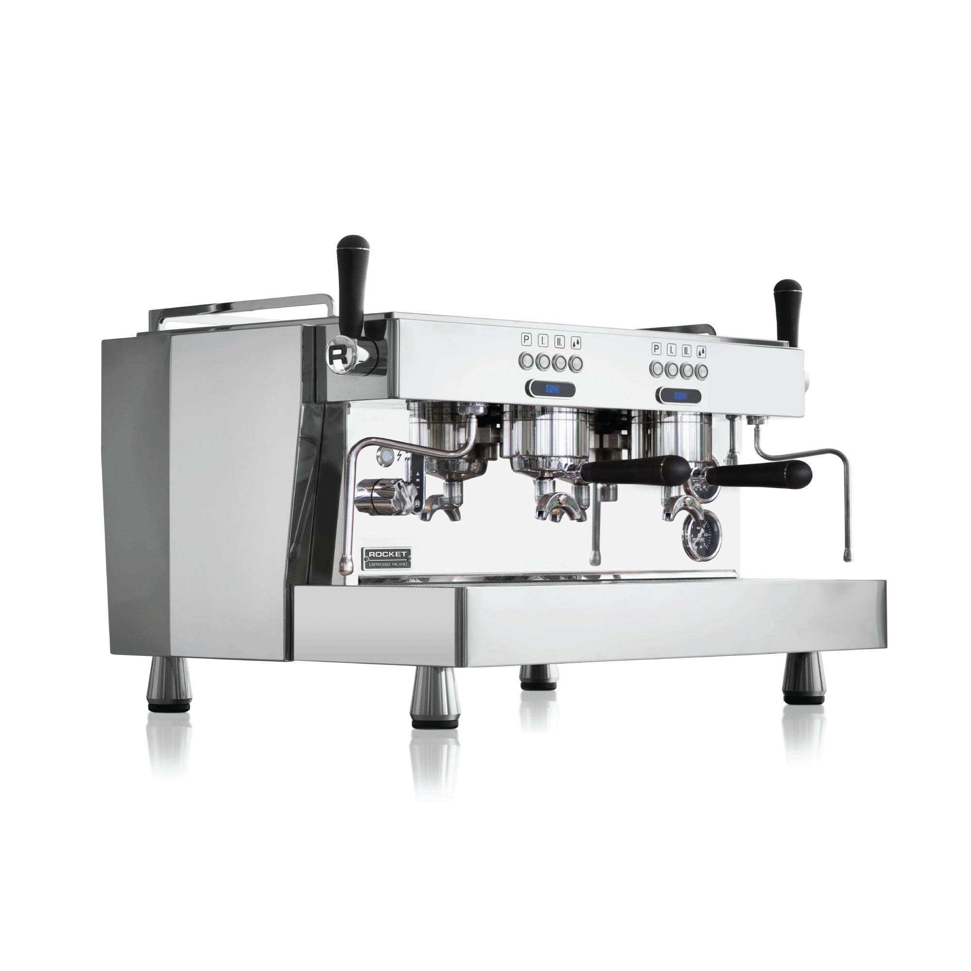 Rocket Espresso R9 commercial espresso machine with dual group heads and stainless steel body