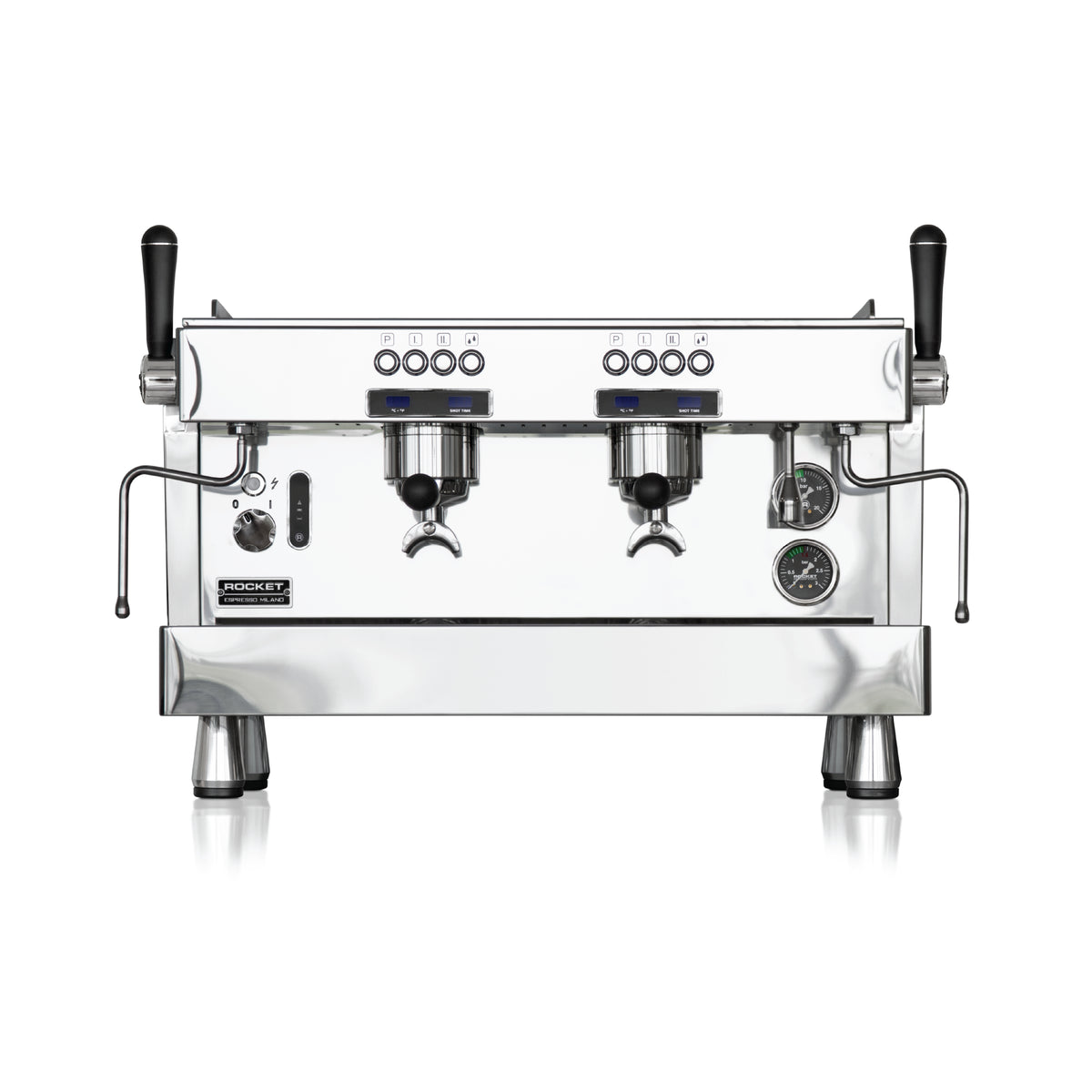 Rocket Espresso R9 commercial espresso machine in stainless steel with dual group heads and steam wands