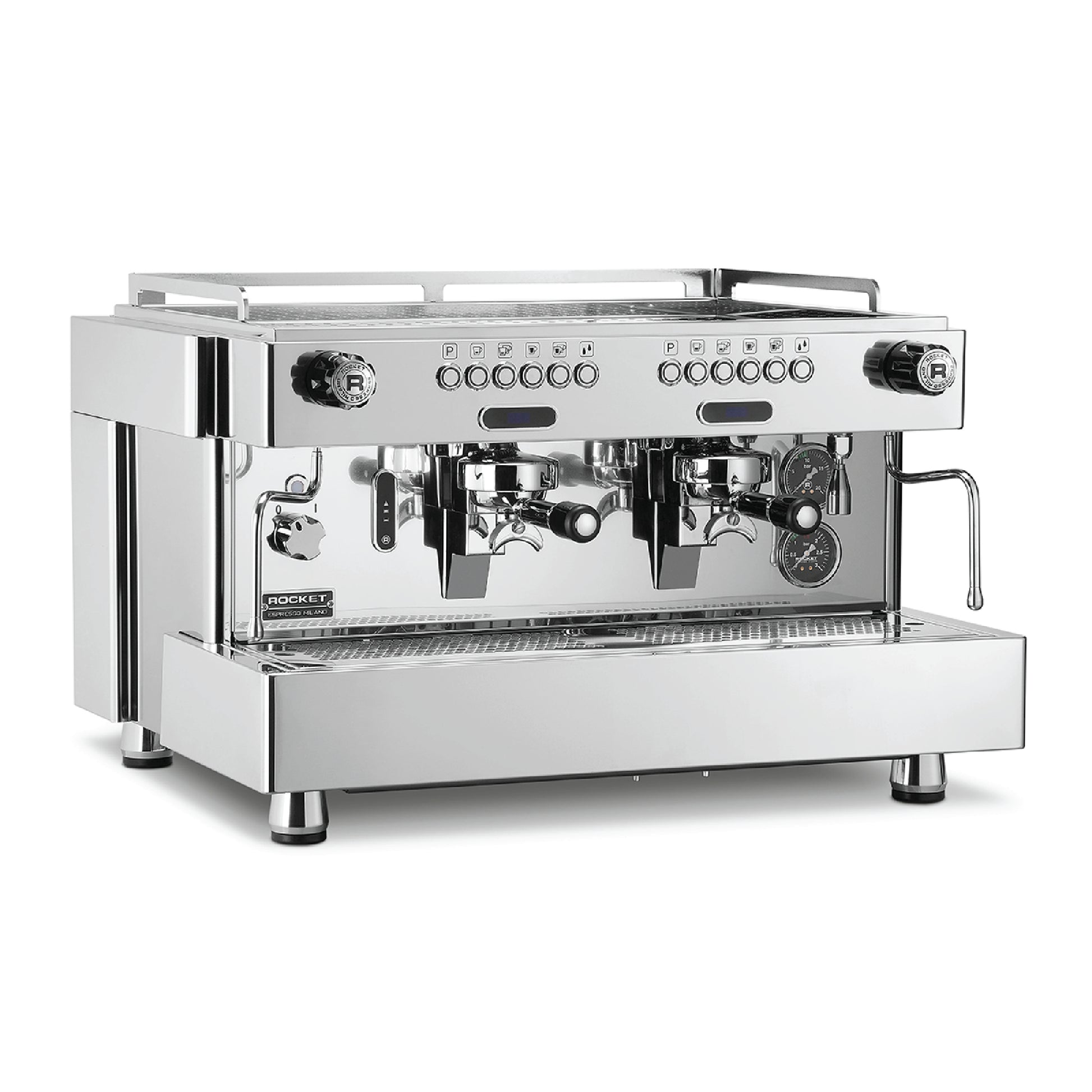 Rocket Espresso RE A TIMER dual group commercial espresso machine in polished stainless steel
