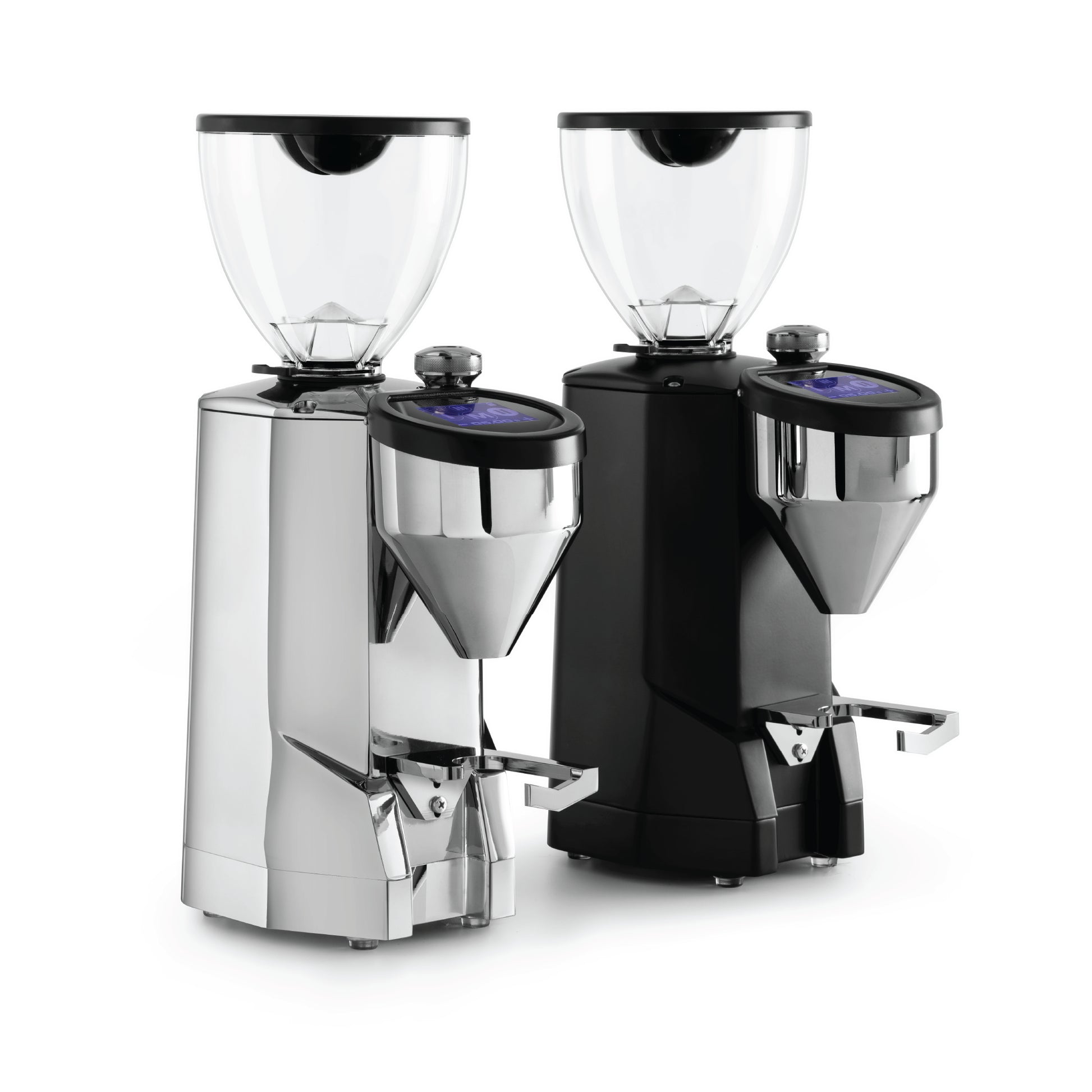 Rocket Espresso Super Fausto coffee grinders in silver and black with clear bean hoppers and digital displays