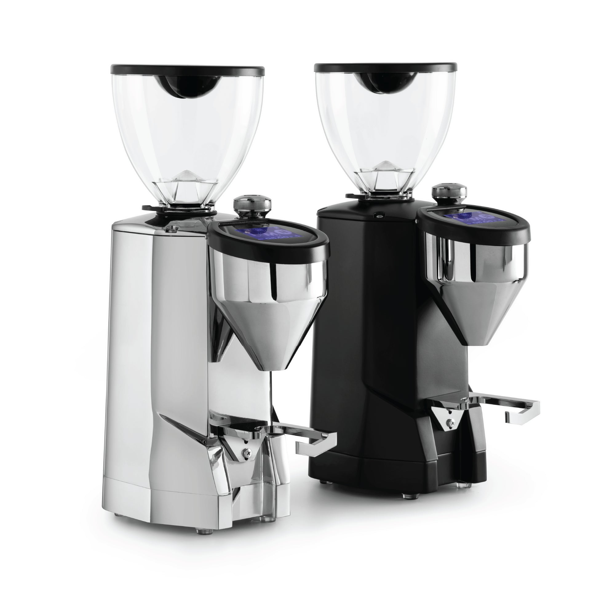 Rocket Espresso Super Fausto coffee grinders in silver and black with clear bean hoppers and digital displays