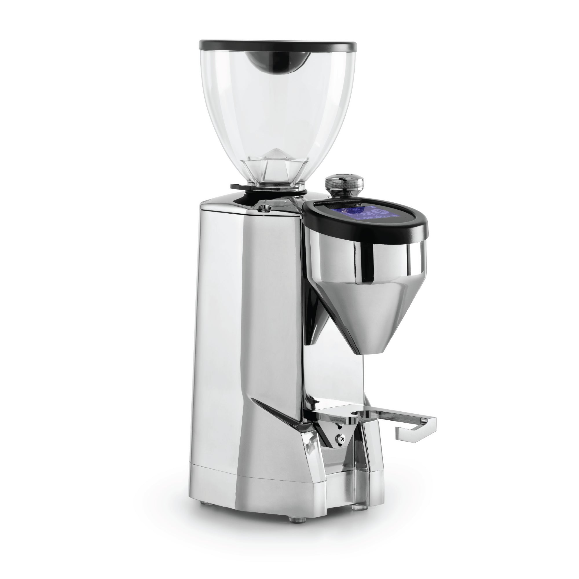 Rocket Espresso Super Fausto coffee grinder in polished stainless steel with clear bean hopper and digital display