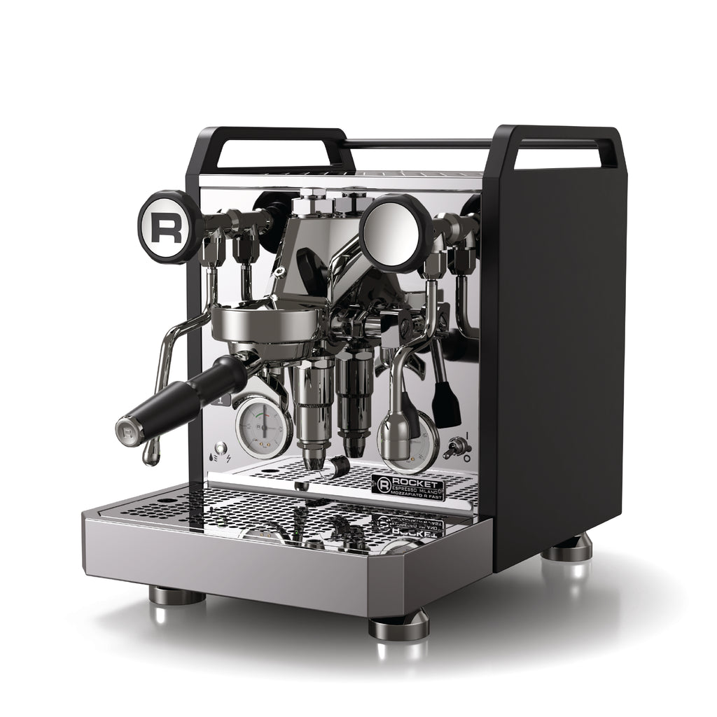 Rocket Mozzafiatto V Fast espresso machine by Rocket Espresso Milano in polished stainless steel and black