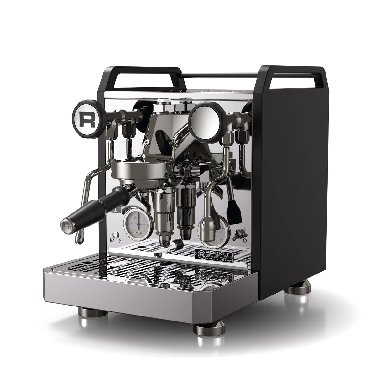 Rocket Mozzafiatto V Fast espresso machine by Rocket Espresso Milano in polished stainless steel and black