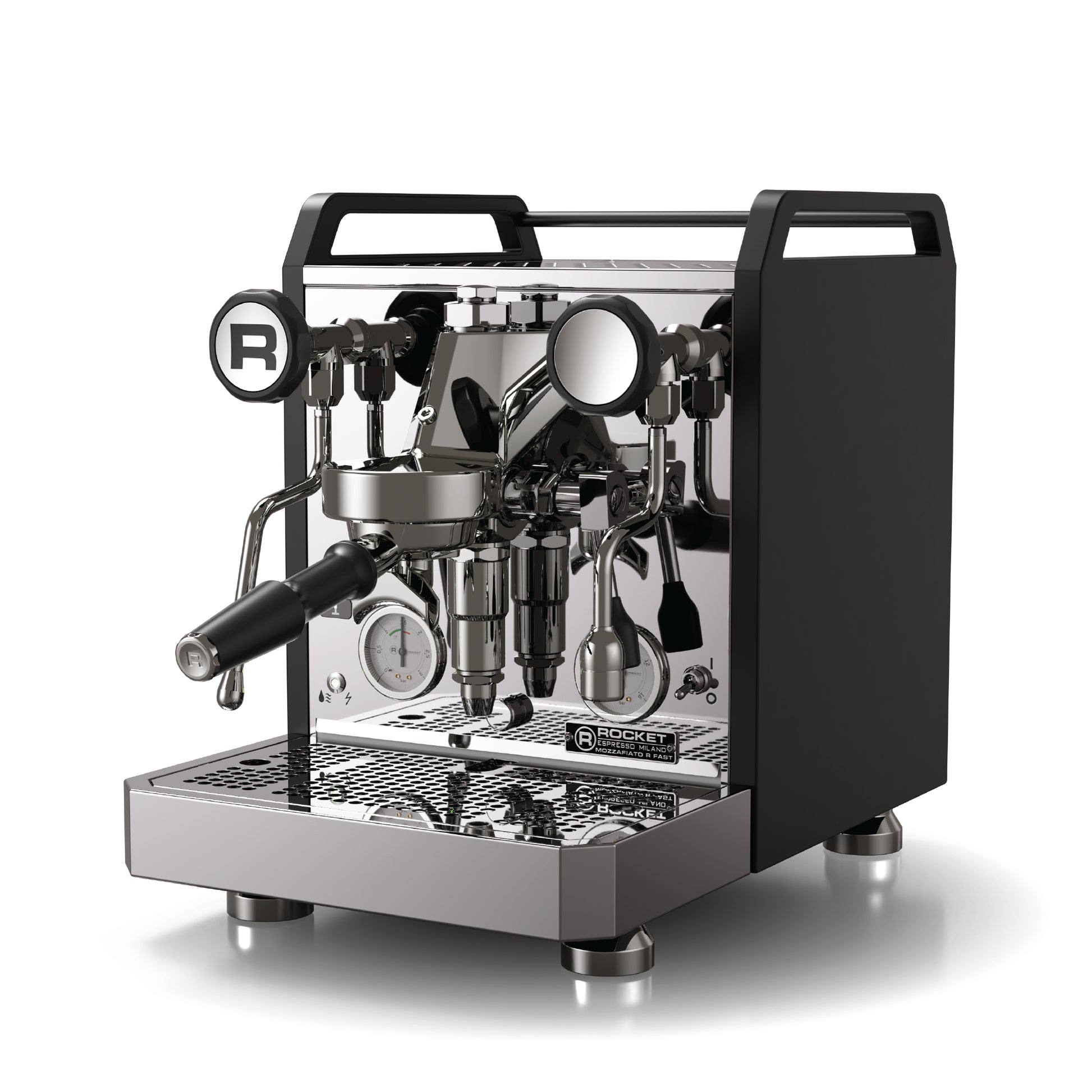 Rocket Mozzafiatto V Fast espresso machine by Rocket Espresso Milano in polished stainless steel and black