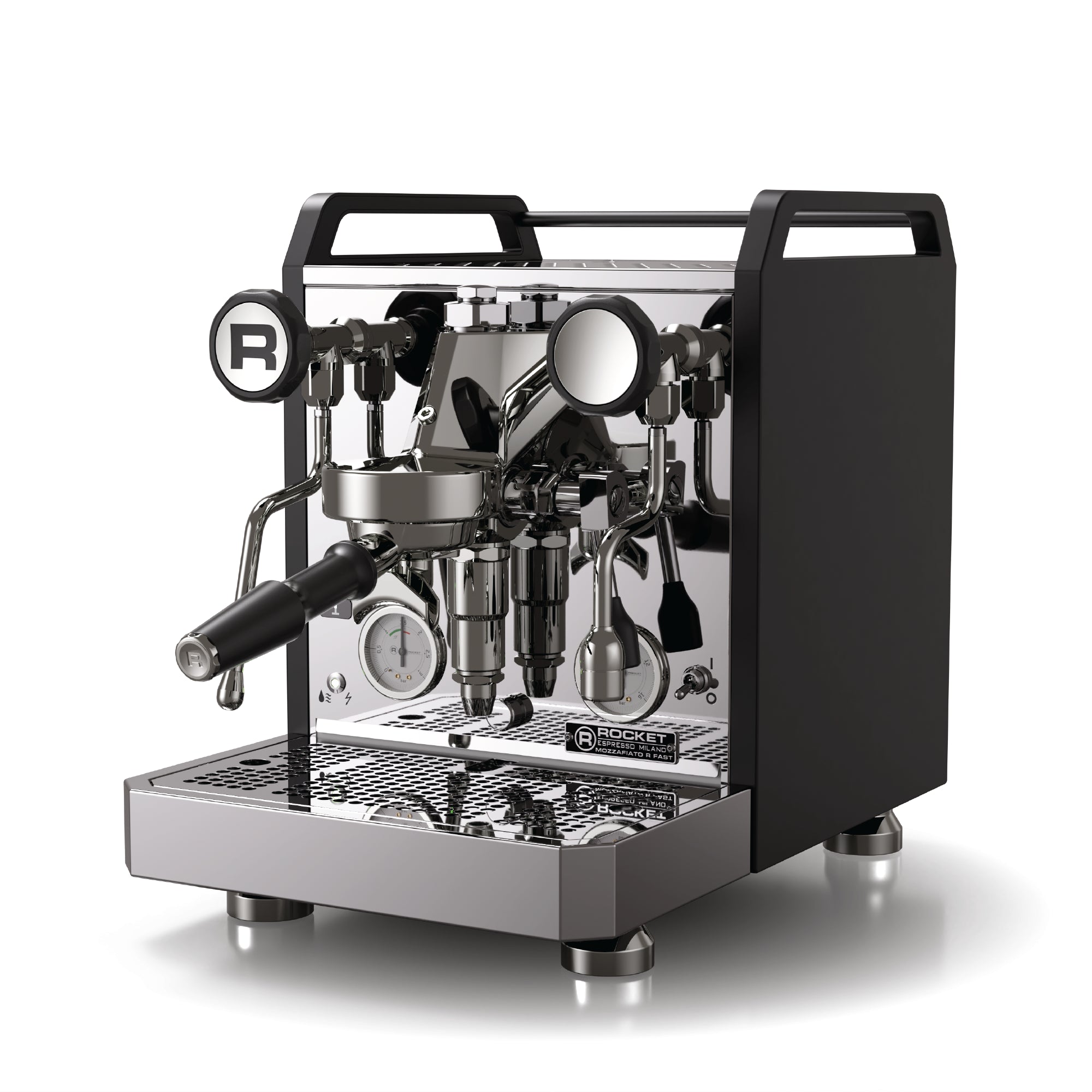 Rocket Mozzafiatto V Fast espresso machine by Rocket Espresso Milano in polished stainless steel and black