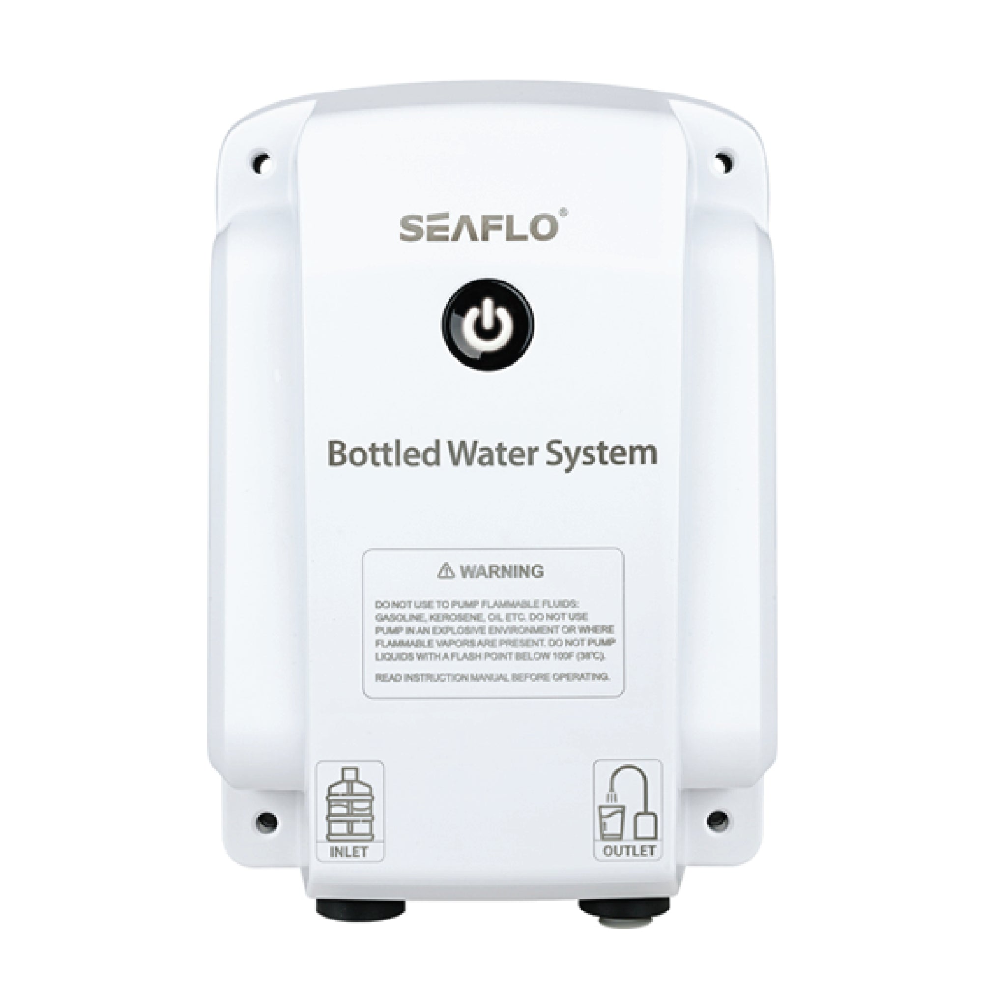 Seaflo Bottled Water System white bar equipment with power button and inlet outlet ports