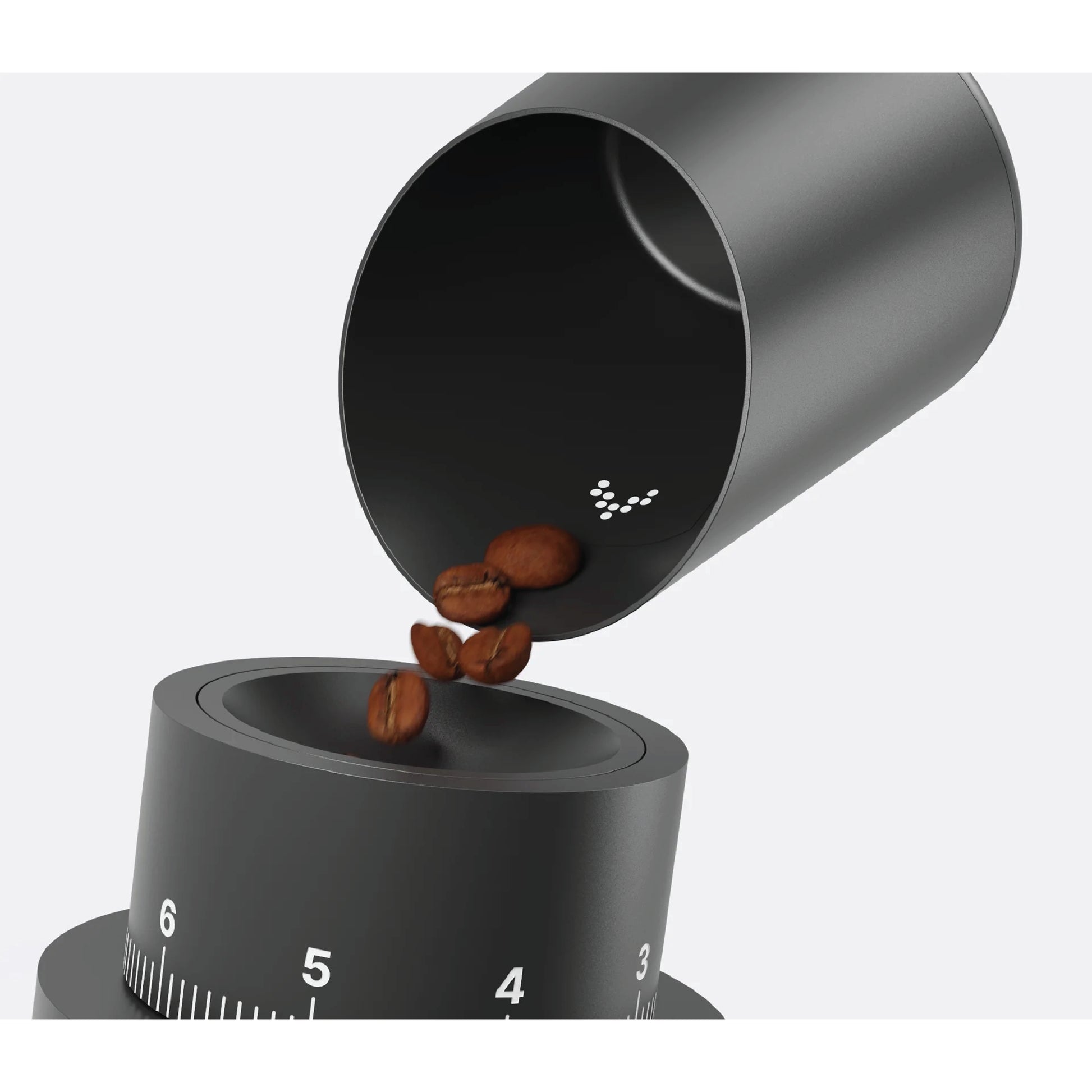 Subminimal Subscale black coffee scale with beans pouring into the weighing cup