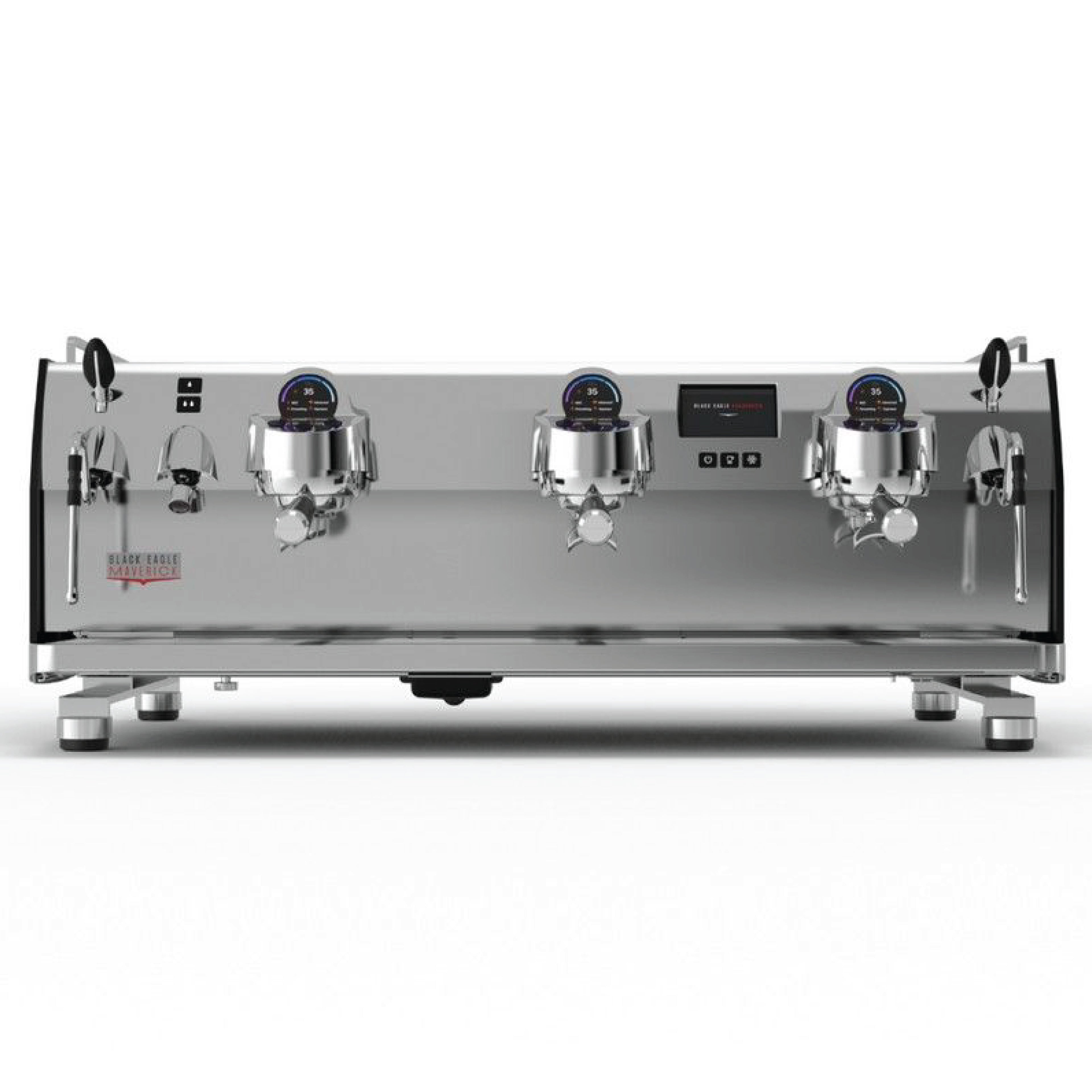 Victoria Arduino Black Eagle Maverick espresso machine with polished stainless steel finish and three group heads