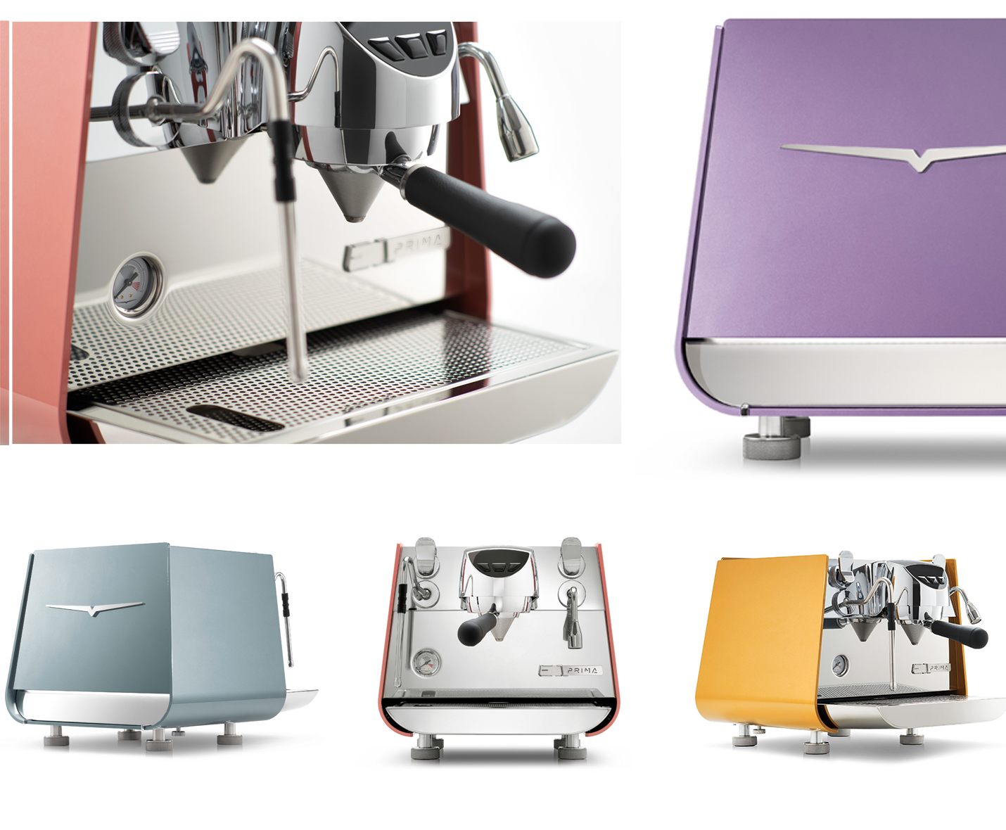 Victoria Arduino E1 Prima EXP Pure Brew espresso machines in various colors with professional brewing handles and sleek design