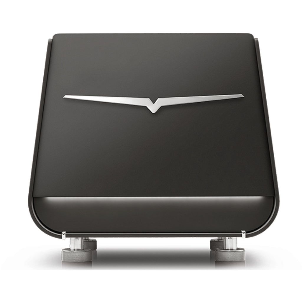 Front view of black Victoria Arduino E1 Prima espresso machine with sleek silver logo and modern design
