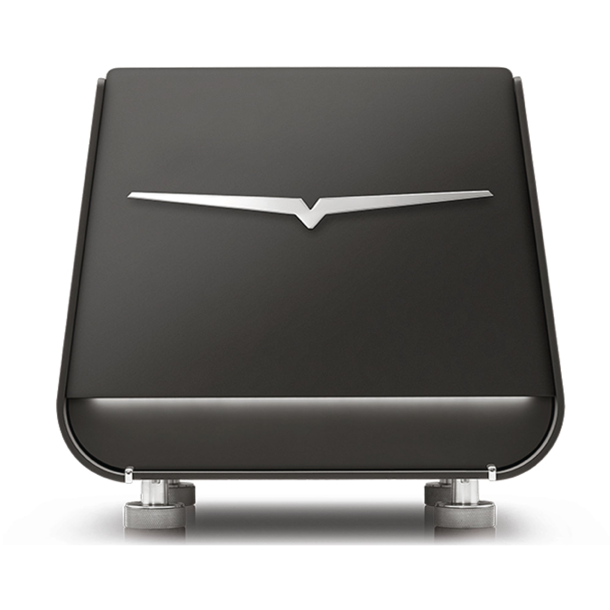 Front view of black Victoria Arduino E1 Prima espresso machine with sleek silver logo and modern design