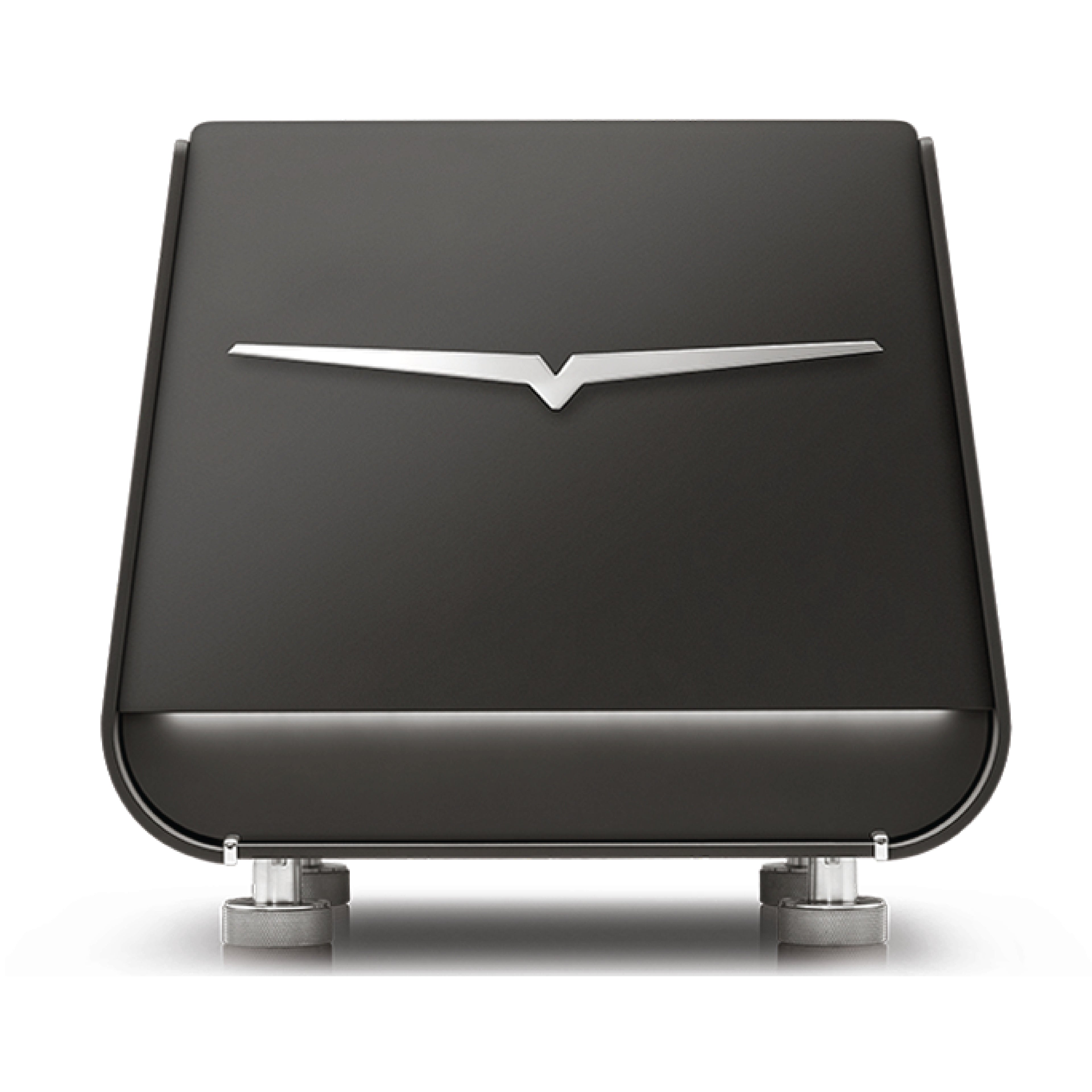Front view of black Victoria Arduino E1 Prima espresso machine with sleek silver logo and modern design