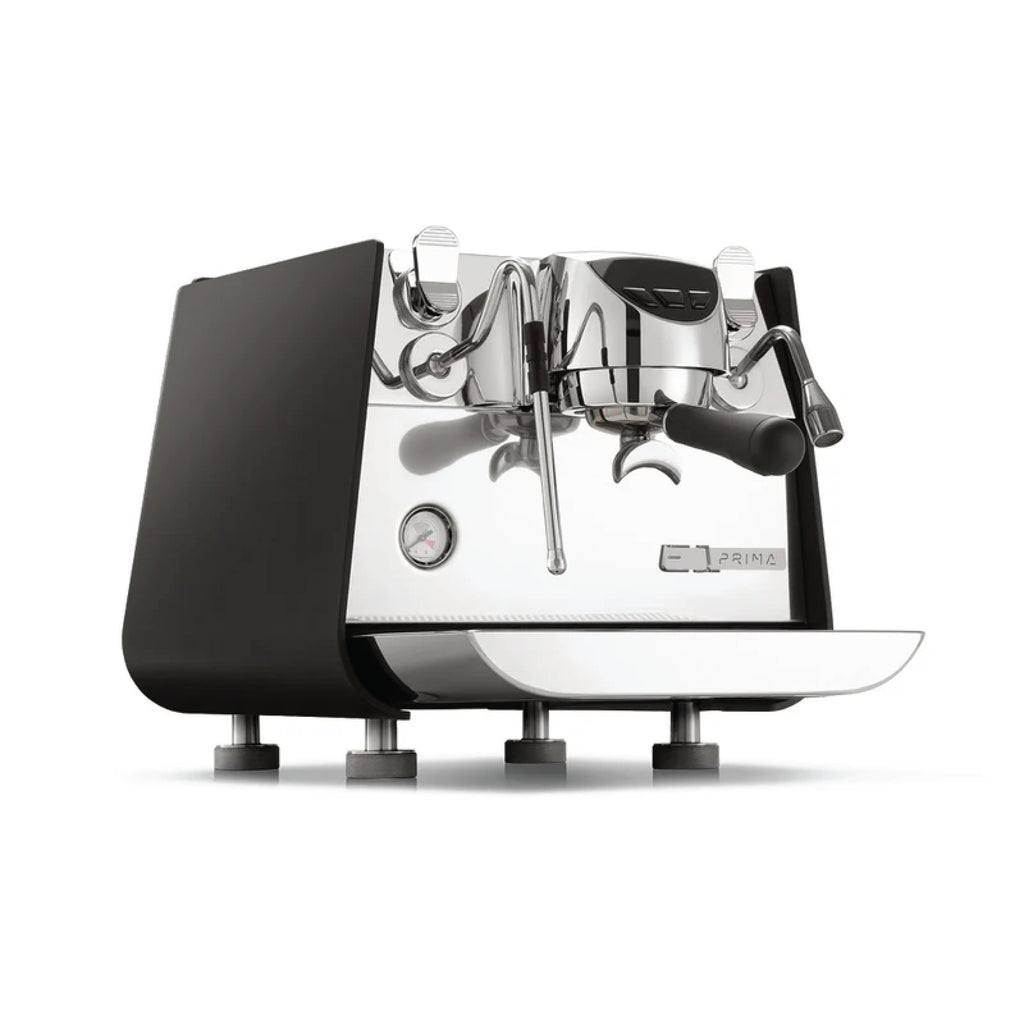 Victoria Arduino E1 Prima espresso machine with sleek black and chrome finish and professional brewing tools
